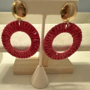 Hot Pink Raffia Earrings with Gold